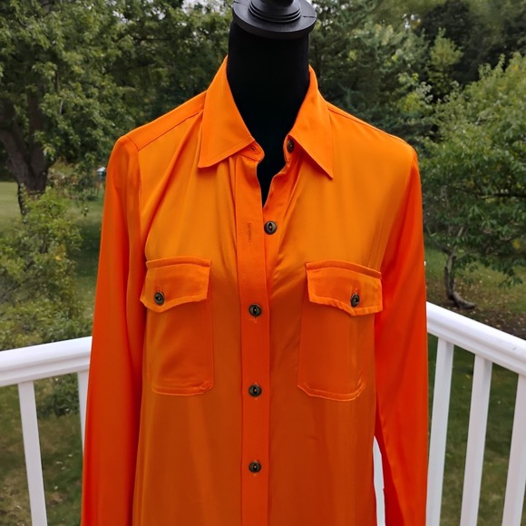 LAUREN Ralph Lauren Orange Viscose Shirt Dress Size 8 Button Front and Cuffs - Picture 2 of 10